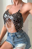 Chains Bra Backless Irregular Halter Sparkling Sequin Decor Cami Top