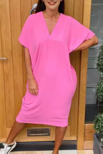 Casual V Neck Batwing Sleeve Slit Vacation Loose Linen Midi T-shirt Dress