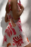Sexy Floral Print V Neck Sleeveless Tie Shoulder Lace Up Vacation A Line Linen Mini Dresses