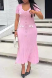 Off White Deep V Neck Short Sleeve Button-Up Formal Office Lady A Line Knit Long Sweater Dress