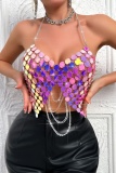 Chains Bra Backless Irregular Halter Sparkling Sequin Decor Cami Top