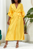 Deep V Neck Ruffle Sleeves Belted Side Slit Satin Kimono Vacation Beach Swimwears Cover Up Longline Cardigan