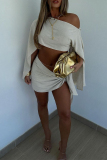 Sexy Oblique Collar Slit Sleeves Linen Crop Tops Messenger Knotted Irregular Mini Skirts Formal Party Evening Vacation Two Pieces Dress Sets