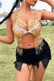 Sexy Club Hot Drill Fringed Trim Backless Sleeveless Chain Halter Tops