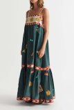 Sexy Graffiti Print Square Neck Ruffle Tiered Hem Vacation A Line Pleated Boho Slip Maxi Dresses