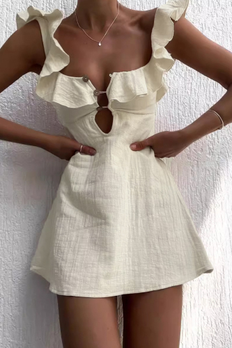 Buttons Ruffle Sleeve V Neck Cut Out Irregular Vacation Linen Mini Dresses