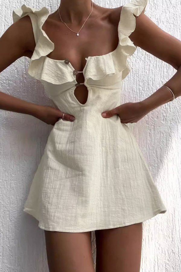 Buttons Ruffle Sleeve V Neck Cut Out Irregular Vacation Linen Mini Dresses