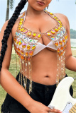 Sexy Club Hot Drill Fringed Trim Backless Sleeveless Chain Halter Tops