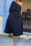 Casual Oblique Collar Half Sleeve Irregular Blouse Pocket Cinch Waist Maxi Skirt Vacation Two Pieces Dress Sets
