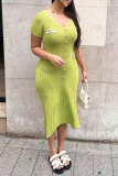 Off White Deep V Neck Short Sleeve Button-Up Formal Office Lady A Line Knit Long Sweater Dress