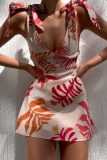 Sexy Floral Print V Neck Sleeveless Tie Shoulder Lace Up Vacation A Line Linen Mini Dresses
