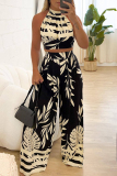 Floral Print Sleeveless Lace Up Vacation Halter Crop Tops And Wide Leg Pants Two Pieces Trouser Set