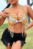 Sexy Club Hot Drill Fringed Trim Backless Sleeveless Chain Halter Tops