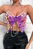 Chains Bra Backless Irregular Halter Sparkling Sequin Decor Cami Top
