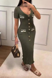 Off White Deep V Neck Short Sleeve Button-Up Formal Office Lady A Line Knit Long Sweater Dress