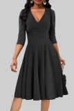 Formal Ruched V Neck Half Sleeve Party Evening Office Lady A Line Pleated Midi Dresses