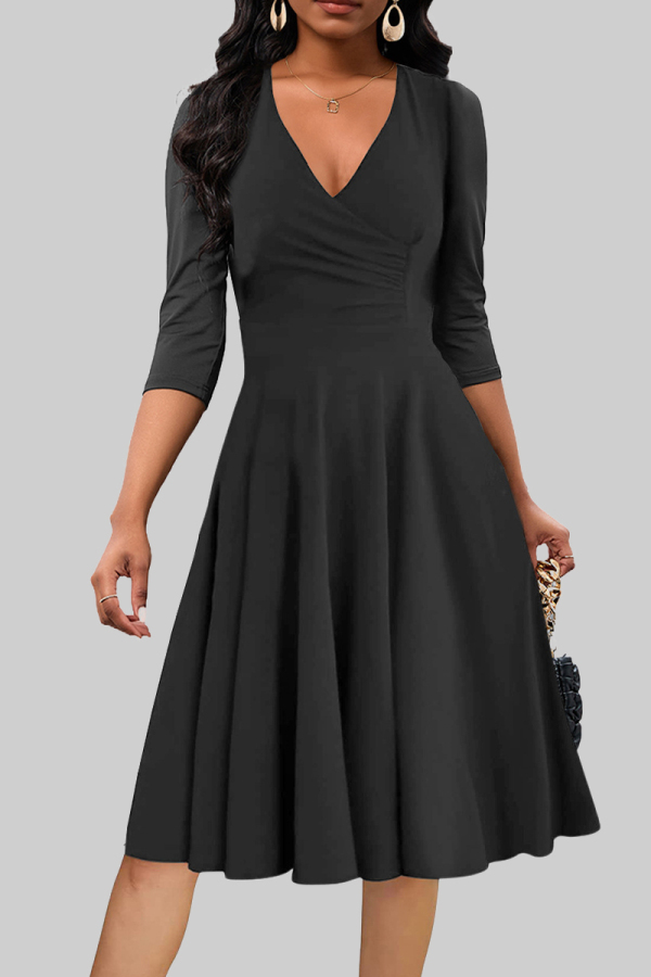 Formal Ruched V Neck Half Sleeve Party Evening Office Lady A Line Pleated Midi Dresses