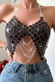Chains Bra Backless Irregular Halter Sparkling Sequin Decor Cami Top