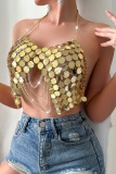 Chains Bra Backless Irregular Halter Sparkling Sequin Decor Cami Top