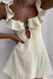 Buttons Ruffle Sleeve V Neck Cut Out Irregular Vacation Linen Mini Dresses