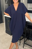 Casual V Neck Batwing Sleeve Slit Vacation Loose Linen Midi T-shirt Dress