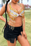 Sexy Club Hot Drill Fringed Trim Backless Sleeveless Chain Halter Tops