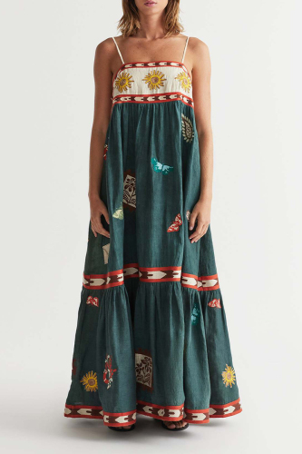 Sexy Graffiti Print Square Neck Ruffle Tiered Hem Vacation A Line Pleated Boho Slip Maxi Dresses