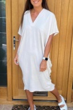 Casual V Neck Batwing Sleeve Slit Vacation Loose Linen Midi T-shirt Dress