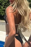 Colorblock Backless Sleeveless Belted Bra And Mini Shorts Bikini Sets Beach Vacation Swimwears