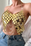 Chains Bra Backless Irregular Halter Sparkling Sequin Decor Cami Top