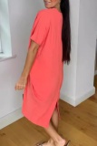 Casual V Neck Batwing Sleeve Slit Vacation Loose Linen Midi T-shirt Dress