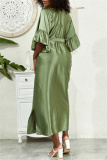 Deep V Neck Ruffle Sleeves Belted Side Slit Satin Kimono Vacation Beach Swimwears Cover Up Longline Cardigan
