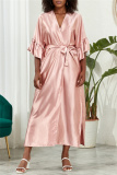 Deep V Neck Ruffle Sleeves Belted Side Slit Satin Kimono Vacation Beach Swimwears Cover Up Longline Cardigan
