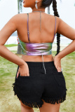 Backless Sleeveless Irregular Sparkling Sequin Decor Chains Halter Top