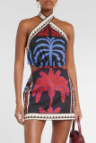 Sexy Plants Print Backless Halter Crossover Lace Up One Step Skirt Vacation Boho Mini Dresses