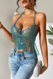 Club Rhinestones Decor Backless Sleeveless Fringed Trim Chains Halter Tops
