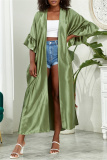 Deep V Neck Ruffle Sleeves Belted Side Slit Satin Kimono Vacation Beach Swimwears Cover Up Longline Cardigan