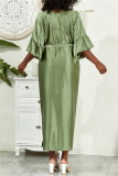 Deep V Neck Ruffle Sleeves Belted Side Slit Satin Kimono Vacation Beach Swimwears Cover Up Longline Cardigan
