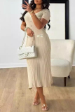Off White Deep V Neck Short Sleeve Button-Up Formal Office Lady A Line Knit Long Sweater Dress