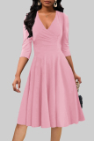 Formal Ruched V Neck Half Sleeve Party Evening Office Lady A Line Pleated Midi Dresses