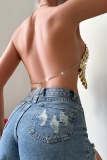Chains Bra Backless Irregular Halter Sparkling Sequin Decor Cami Top
