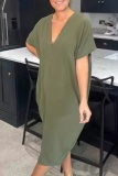 Casual V Neck Batwing Sleeve Slit Vacation Loose Linen Midi T-shirt Dress