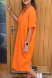 Casual V Neck Batwing Sleeve Slit Vacation Loose Linen Midi T-shirt Dress