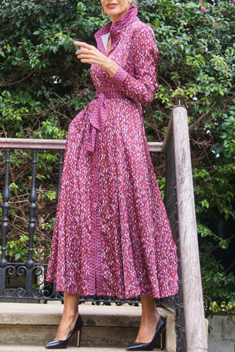 Street Polka Dot Print Turndown Collar Long Sleeve Pocket Belt Lace Up Vacation A Line Linen Maxi Shirt Dresses