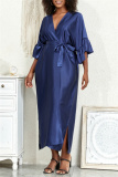 Deep V Neck Ruffle Sleeves Belted Side Slit Satin Kimono Vacation Beach Swimwears Cover Up Longline Cardigan