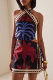 Sexy Plants Print Backless Halter Crossover Lace Up One Step Skirt Vacation Boho Mini Dresses