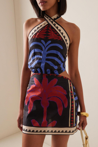 Sexy Plants Print Backless Halter Crossover Lace Up One Step Skirt Vacation Boho Mini Dresses