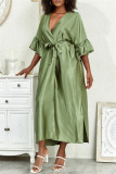 Deep V Neck Ruffle Sleeves Belted Side Slit Satin Kimono Vacation Beach Swimwears Cover Up Longline Cardigan