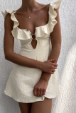 Buttons Ruffle Sleeve V Neck Cut Out Irregular Vacation Linen Mini Dresses