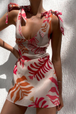 Sexy Floral Print V Neck Sleeveless Tie Shoulder Lace Up Vacation A Line Linen Mini Dresses